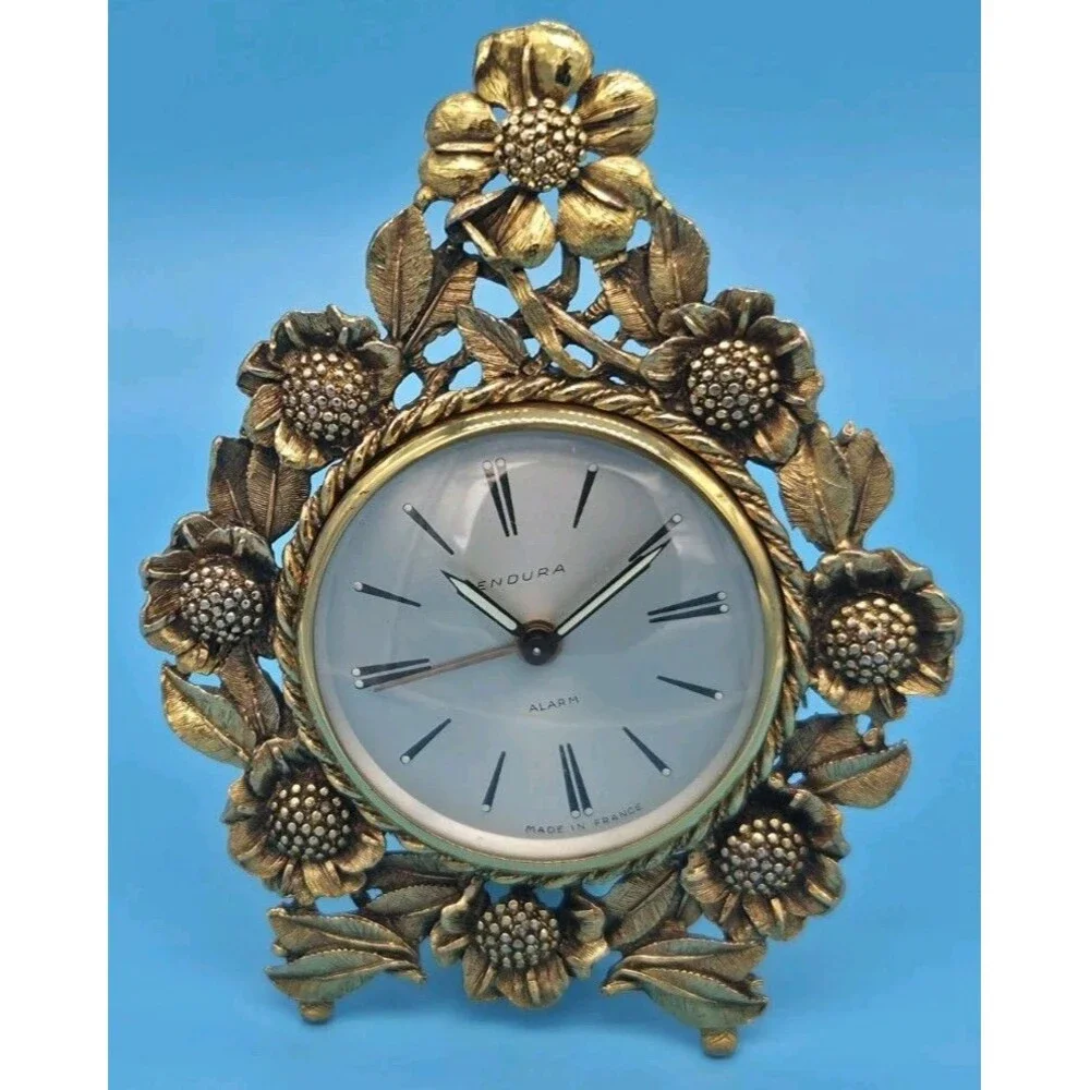 Vintage Endura Desk Clock Gold Tone Floral Frame Made in France​SEE DESCRIPTION